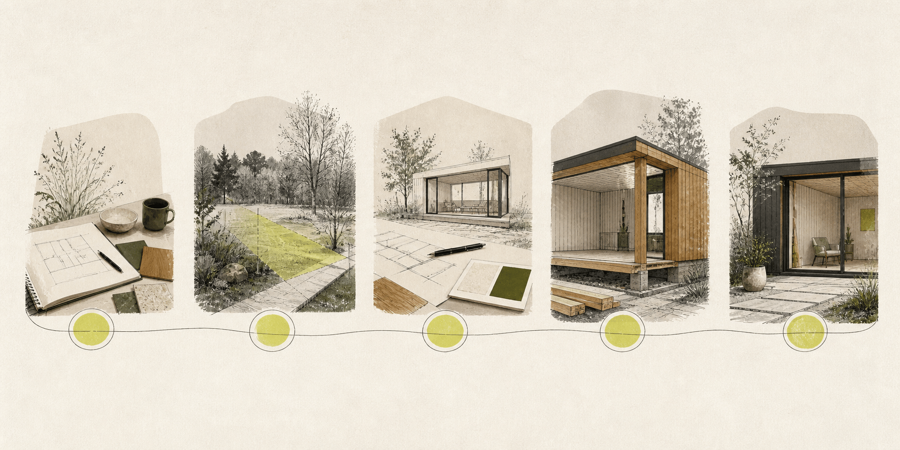 Turnkey garden room design, fabrication and installation process sequence