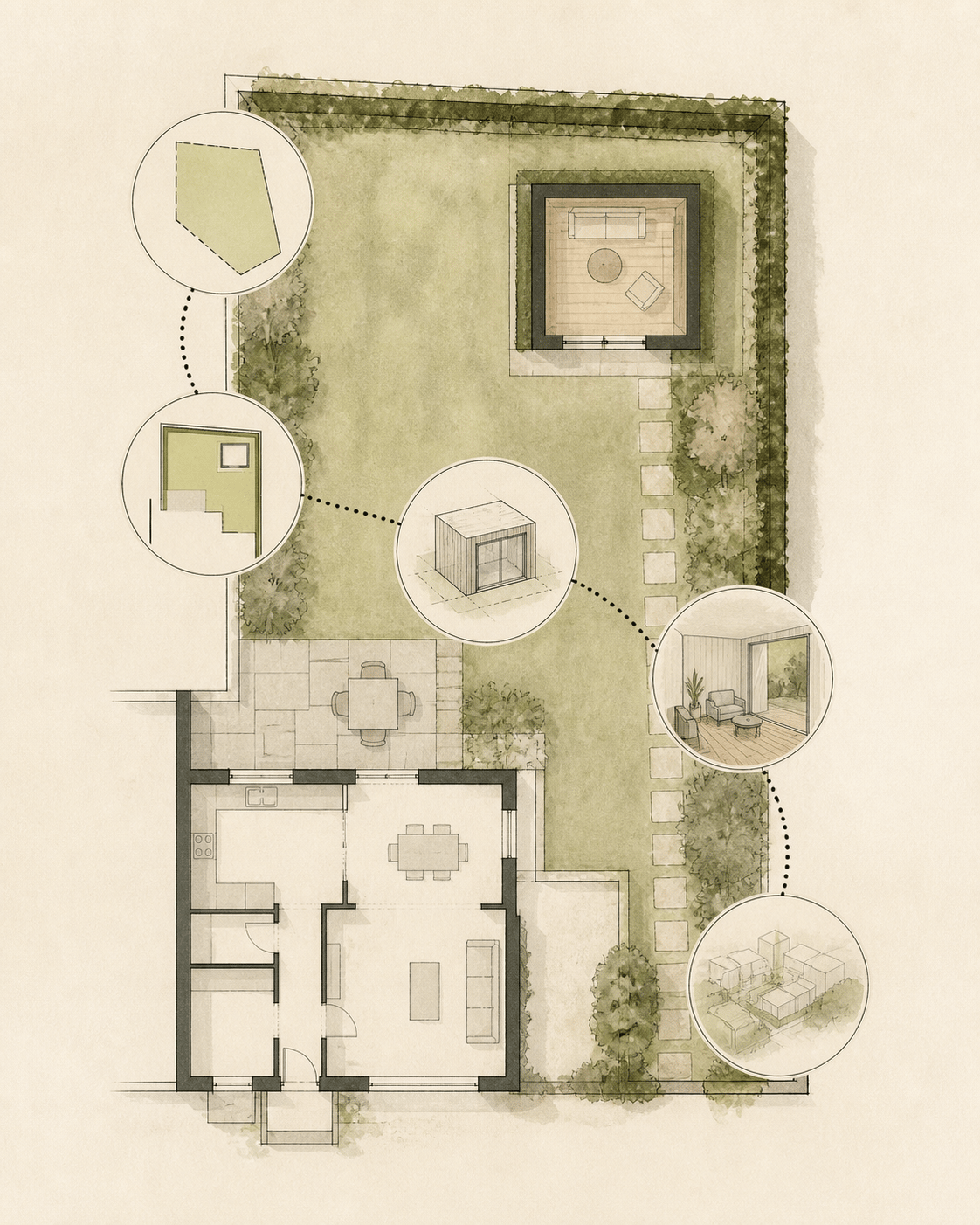Concept illustration of a planning decision map outlining Permitted Development criteria and planning permission considerations for garden rooms
