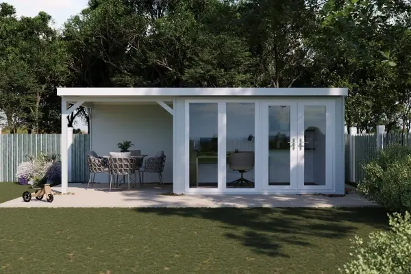 Contemporary timber garden room with open covered canopy and clean architectural lines